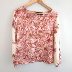Tahari Women's 100% Linen Leaf Print Floral Top
